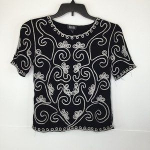 Objects D'Art Blouse Women Small Black White Embroidered Short Sleeve Swirl